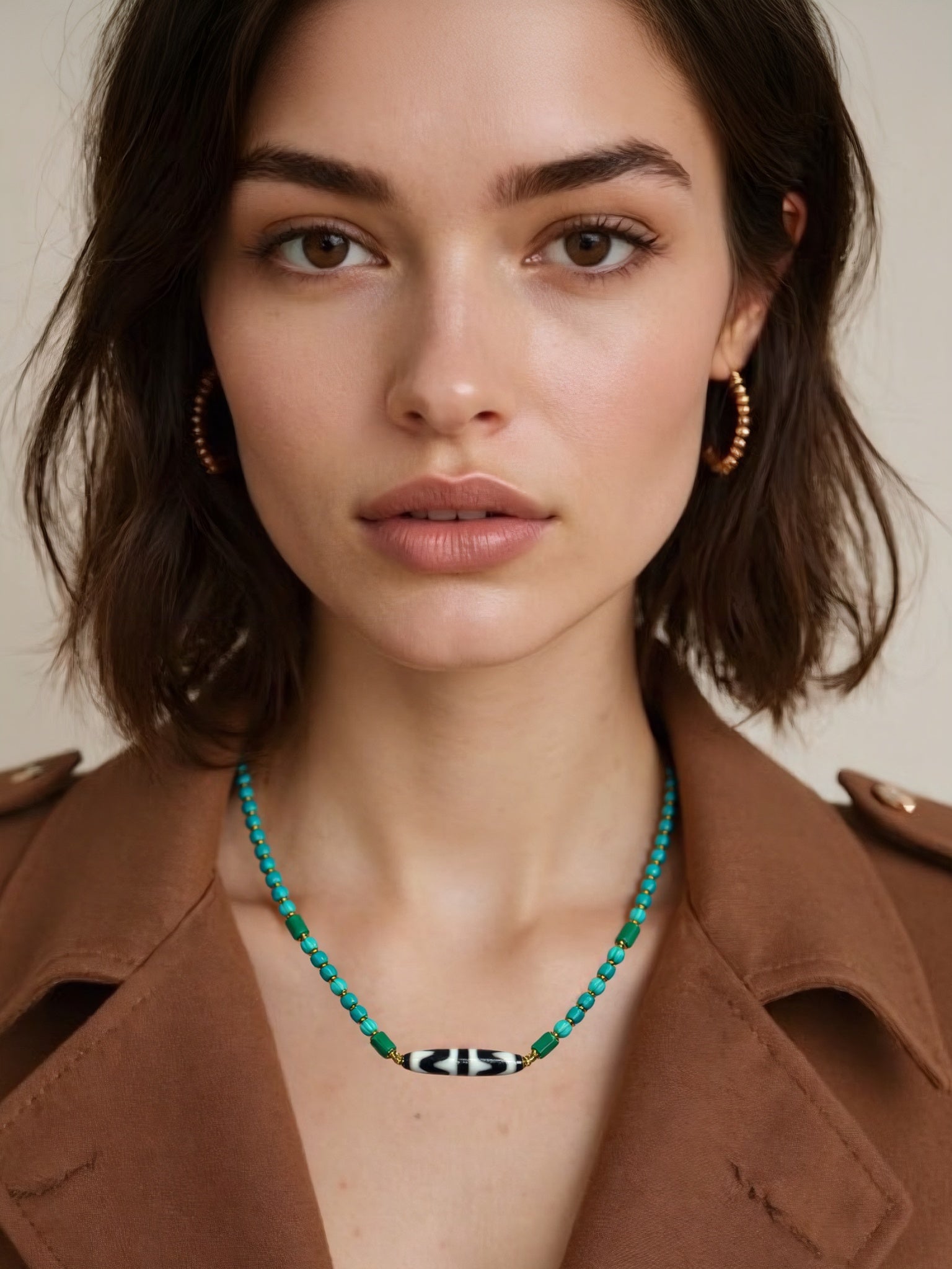 Tibet turquoise Beads necklace with vintage Agate Double Tiger Tooth DZI bead