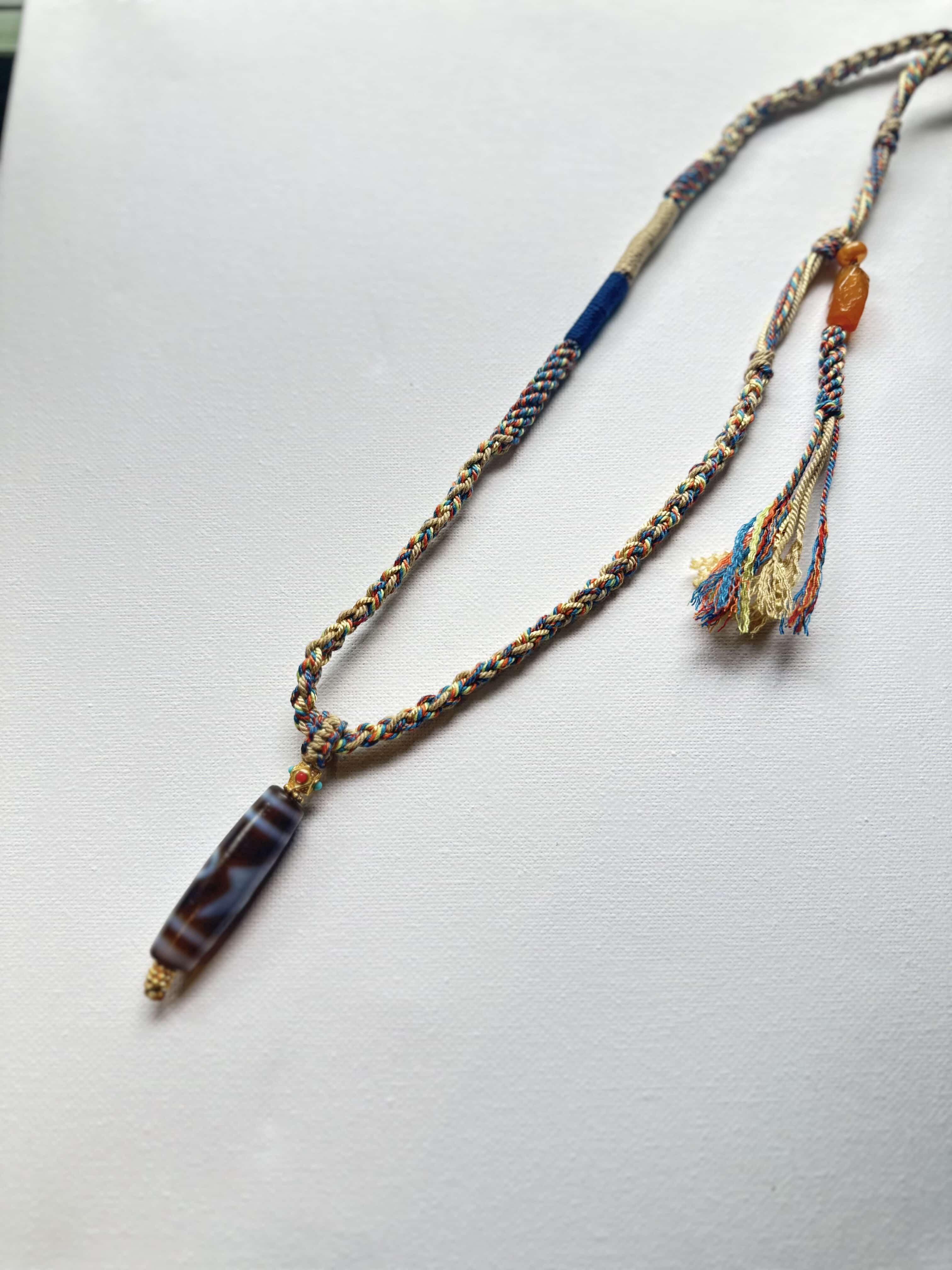 Heavily Handwoven necklace with Thunder flash Five-eyed DZI bead