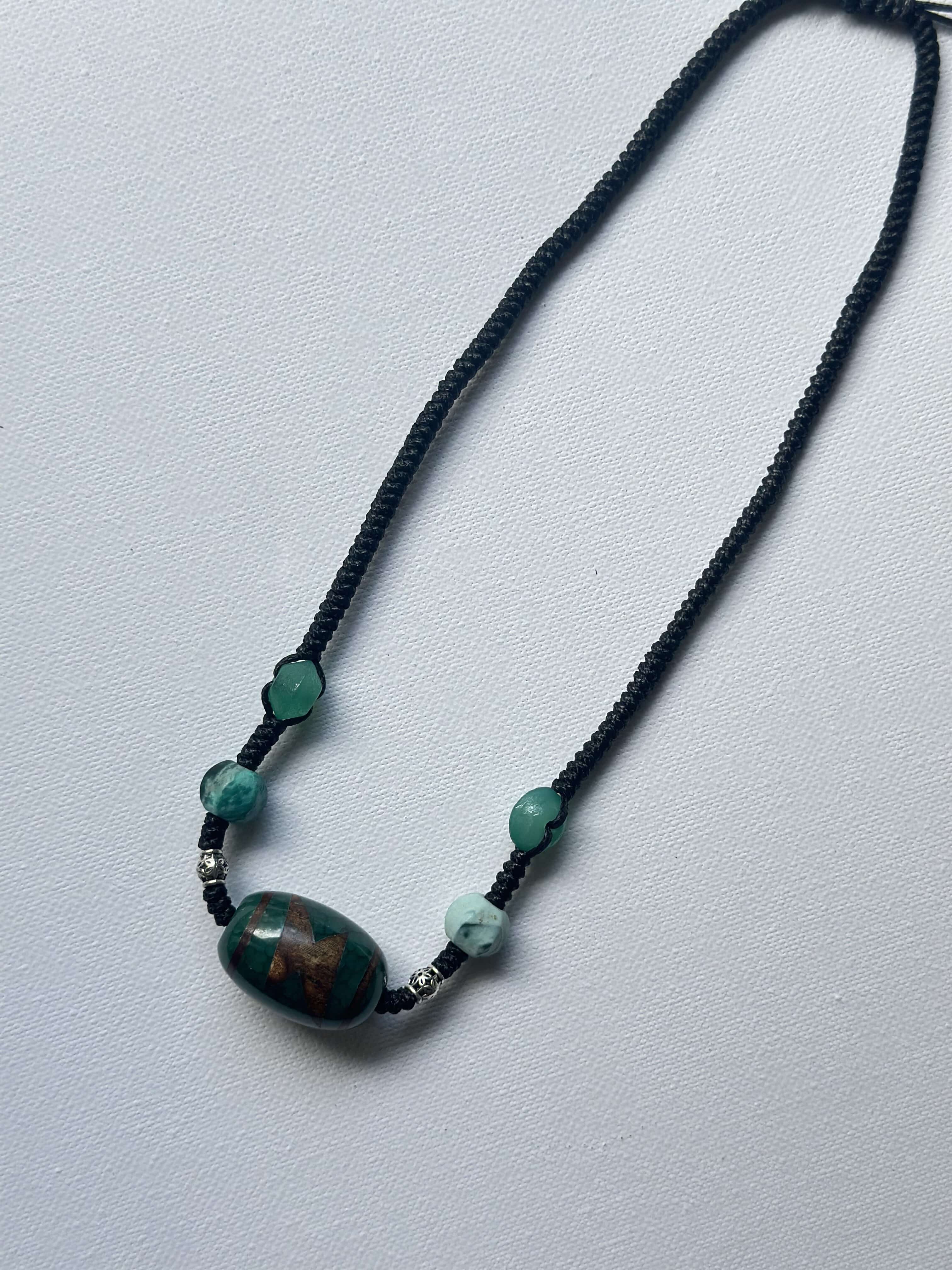 Handwoven necklace with green agate and Vintage Three-Eyed Dzi bead