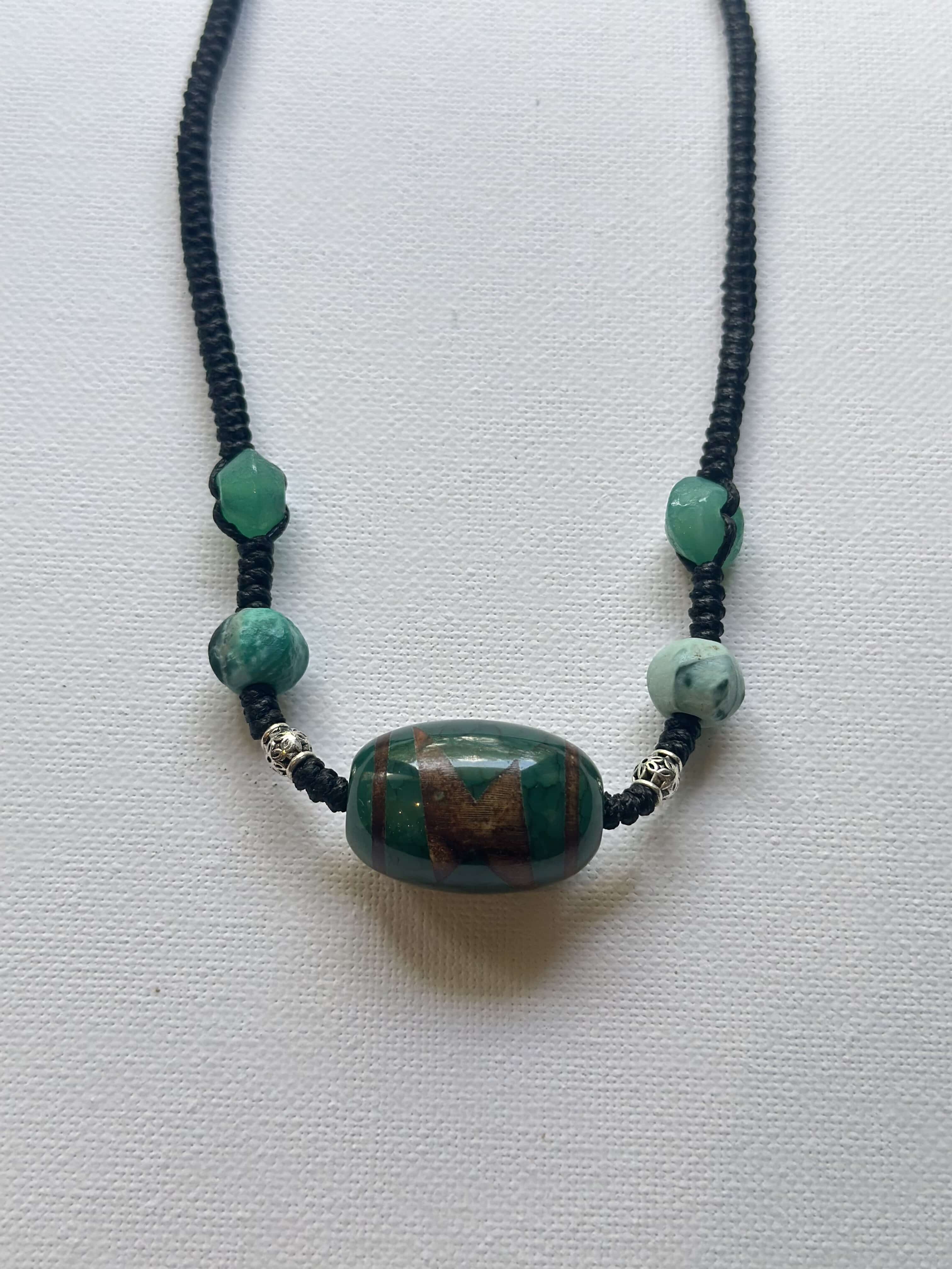 Handwoven necklace with green agate and Vintage Three-Eyed Dzi bead