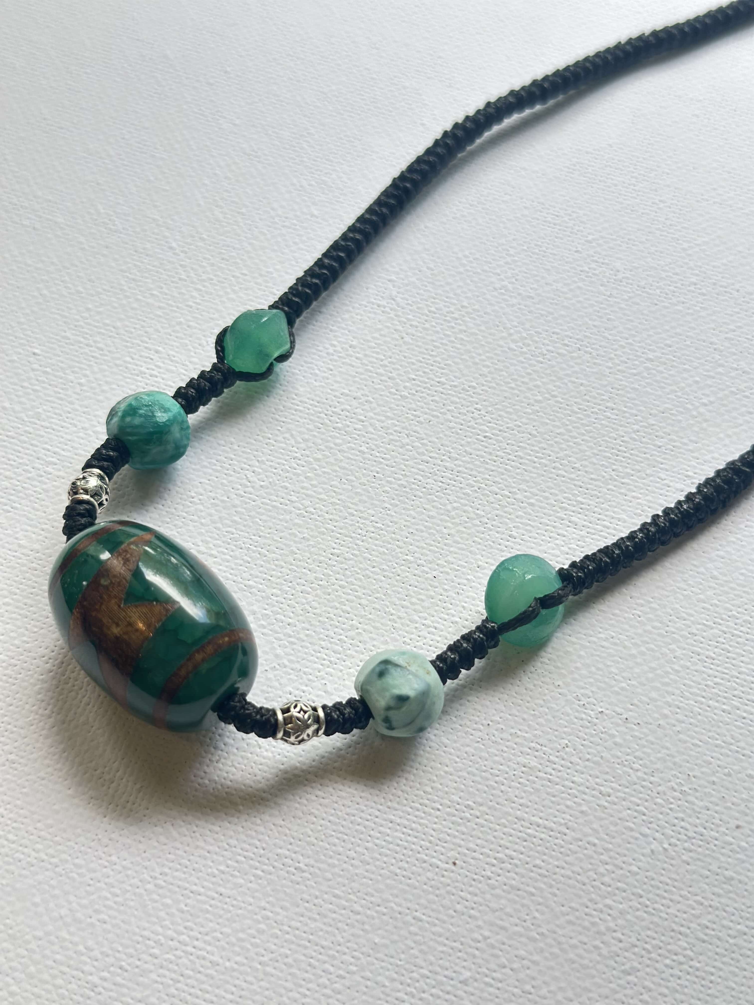 Handwoven necklace with green agate and Vintage Three-Eyed Dzi bead