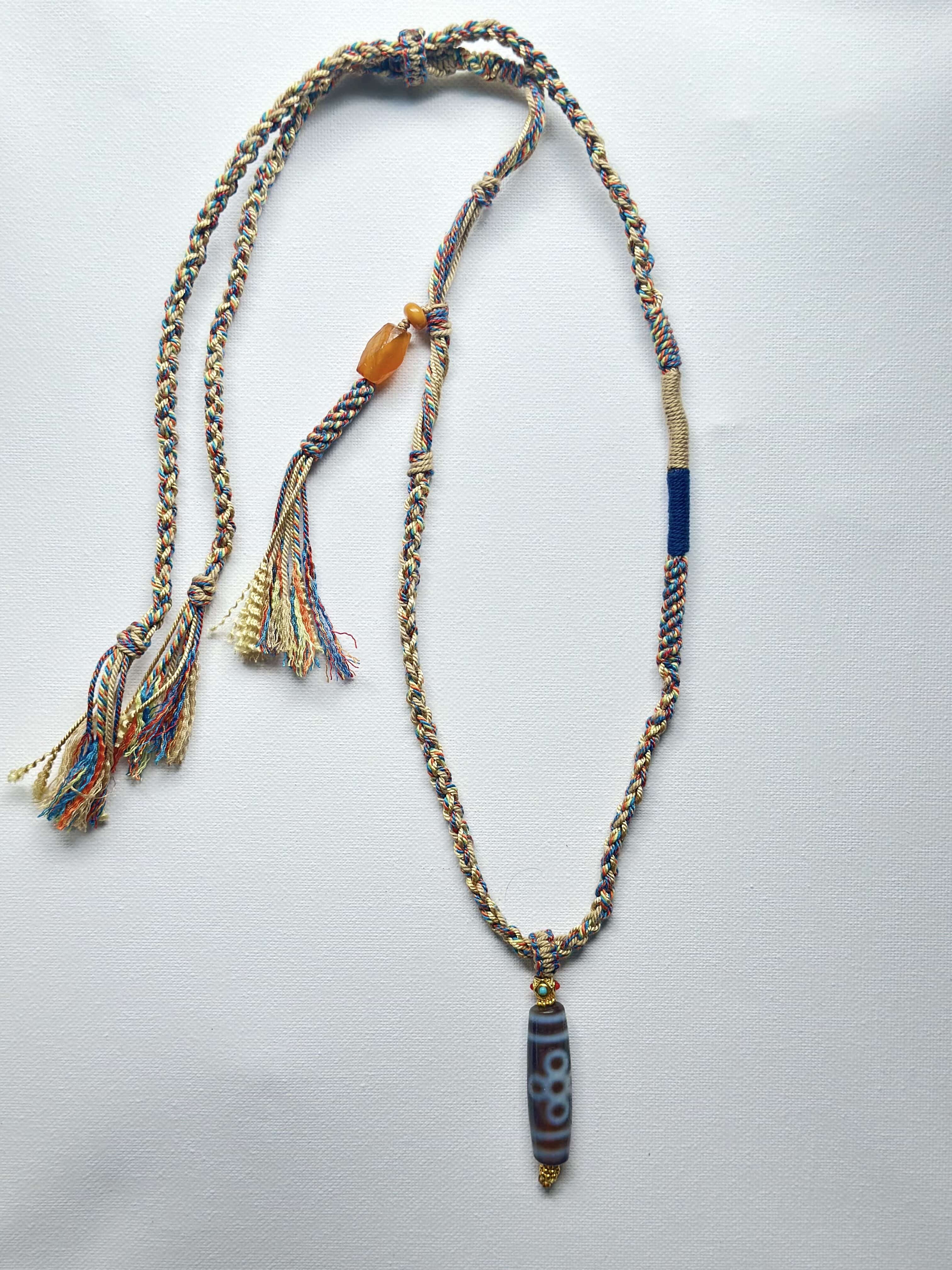 Heavily Handwoven necklace with Thunder flash Five-eyed DZI bead