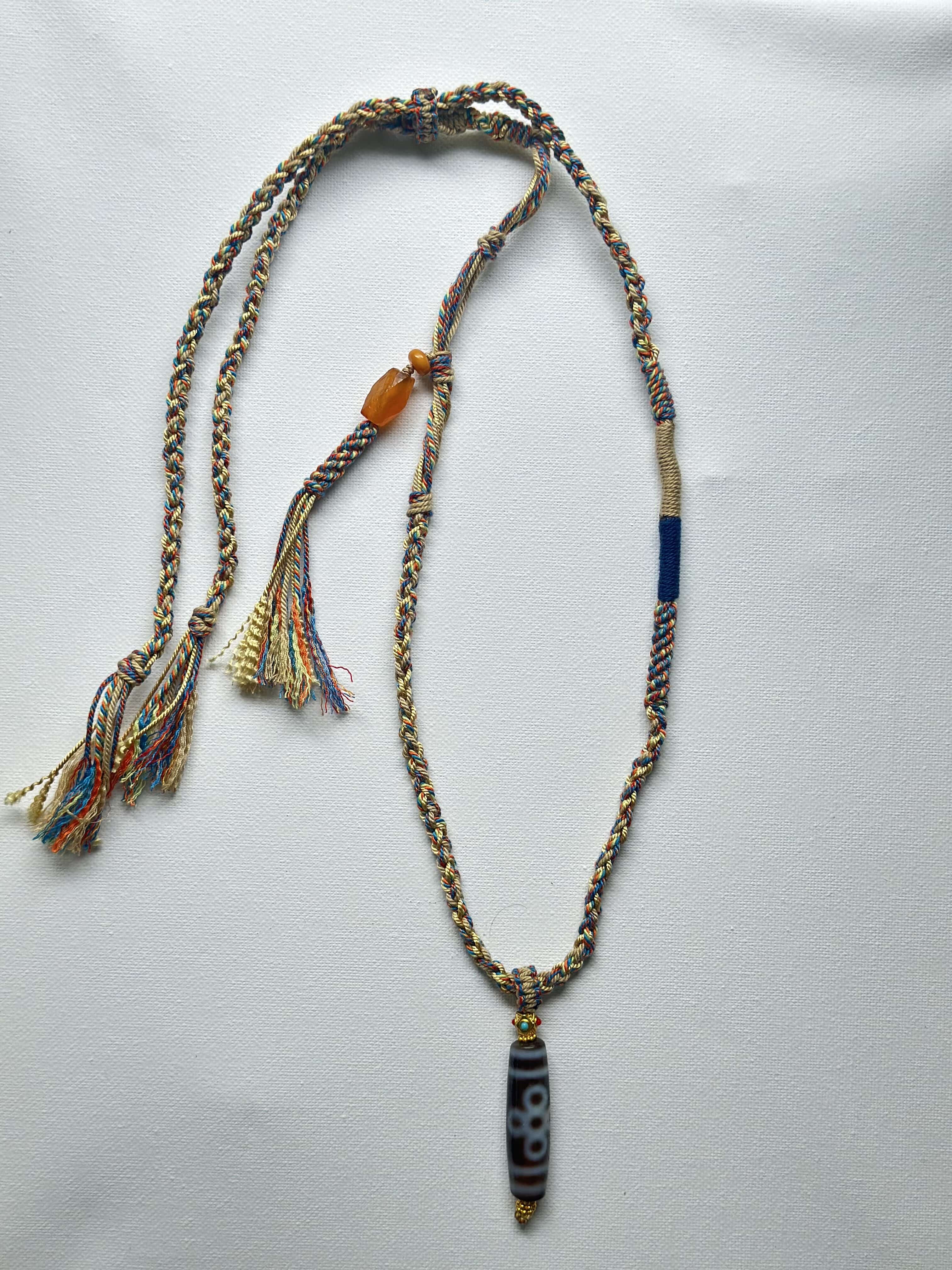 Heavily Handwoven necklace with Thunder flash Five-eyed DZI bead