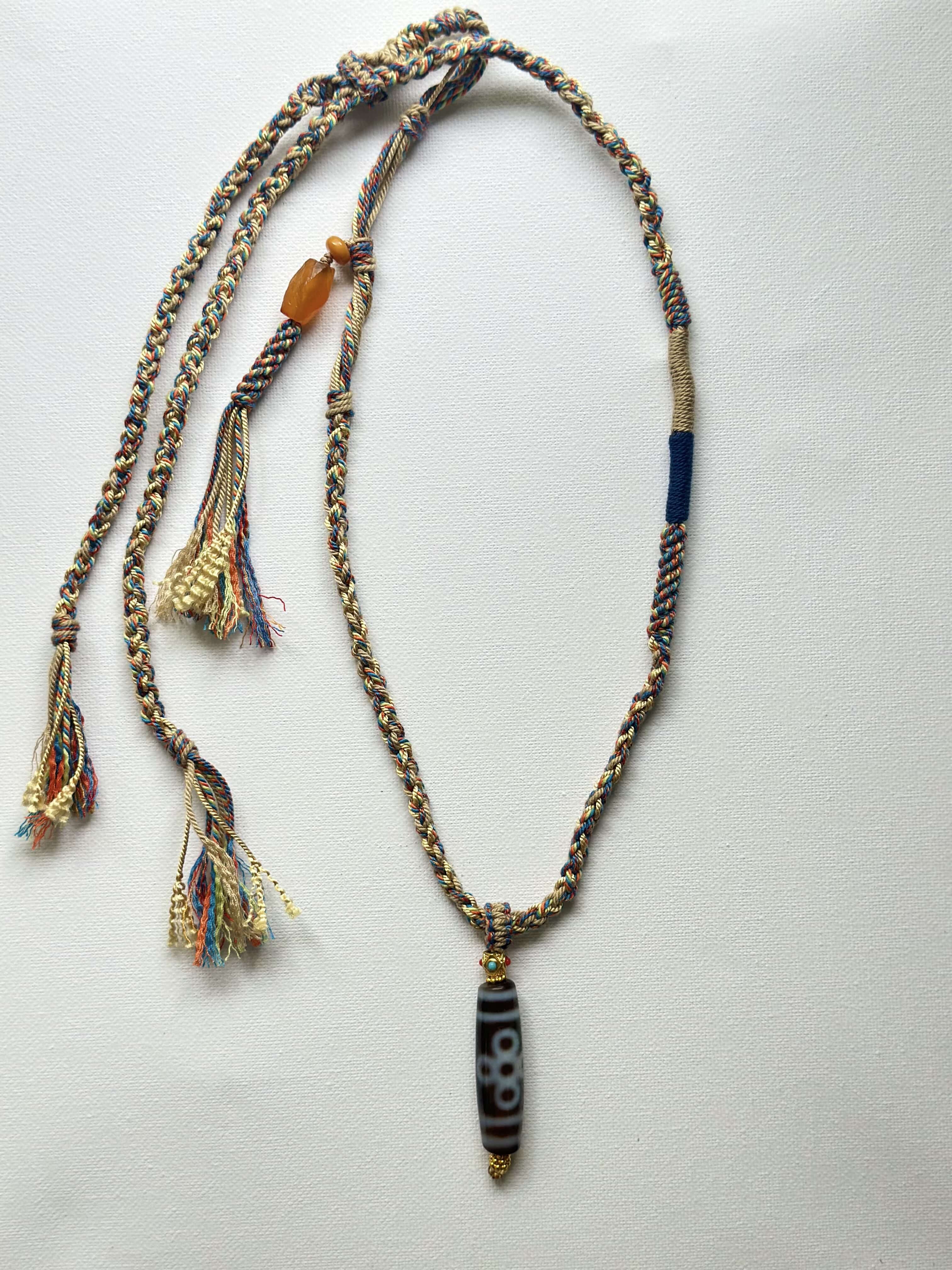Heavily Handwoven necklace with Thunder flash Five-eyed DZI bead