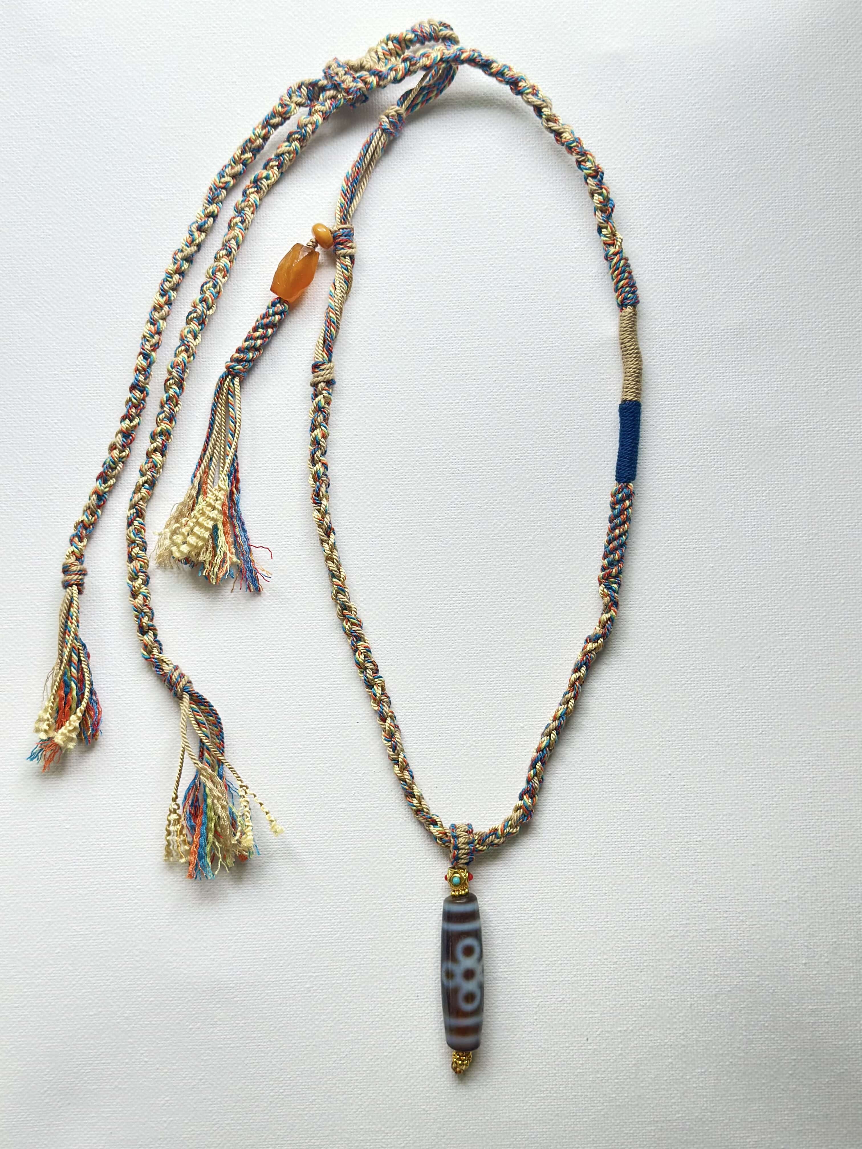 Heavily Handwoven necklace with Thunder flash Five-eyed DZI bead
