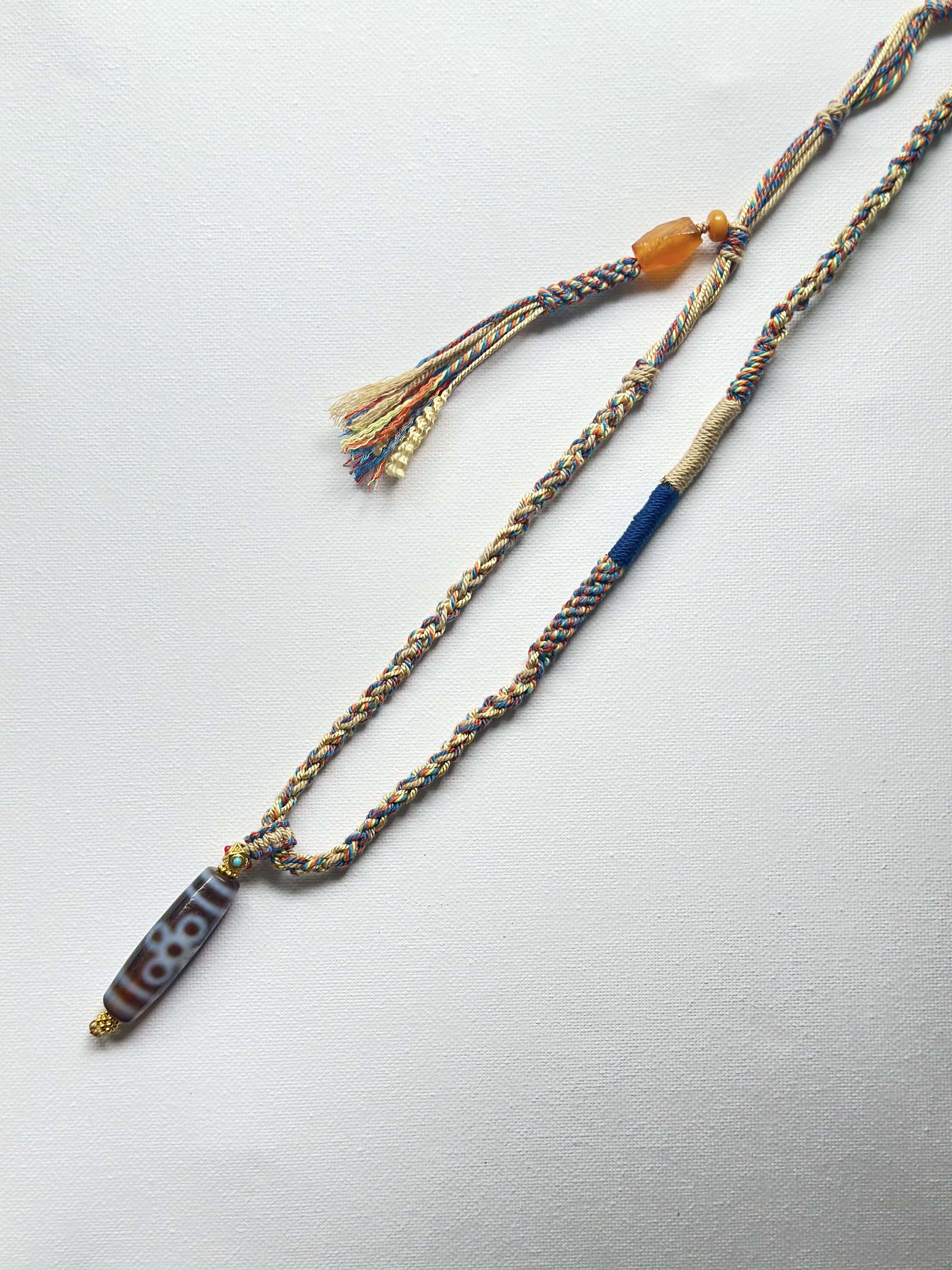 Heavily Handwoven necklace with Thunder flash Five-eyed DZI bead