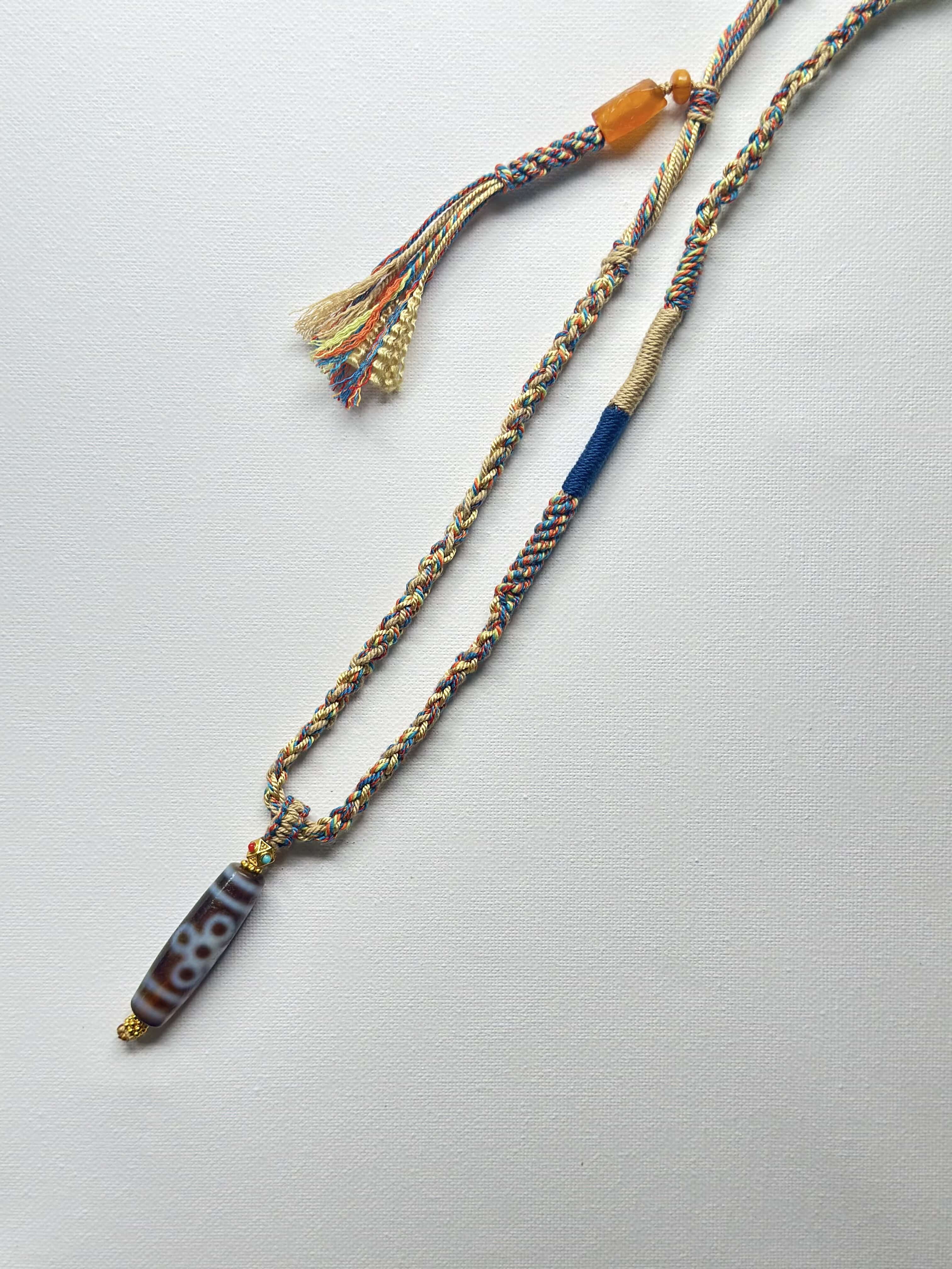 Heavily Handwoven necklace with Thunder flash Five-eyed DZI bead