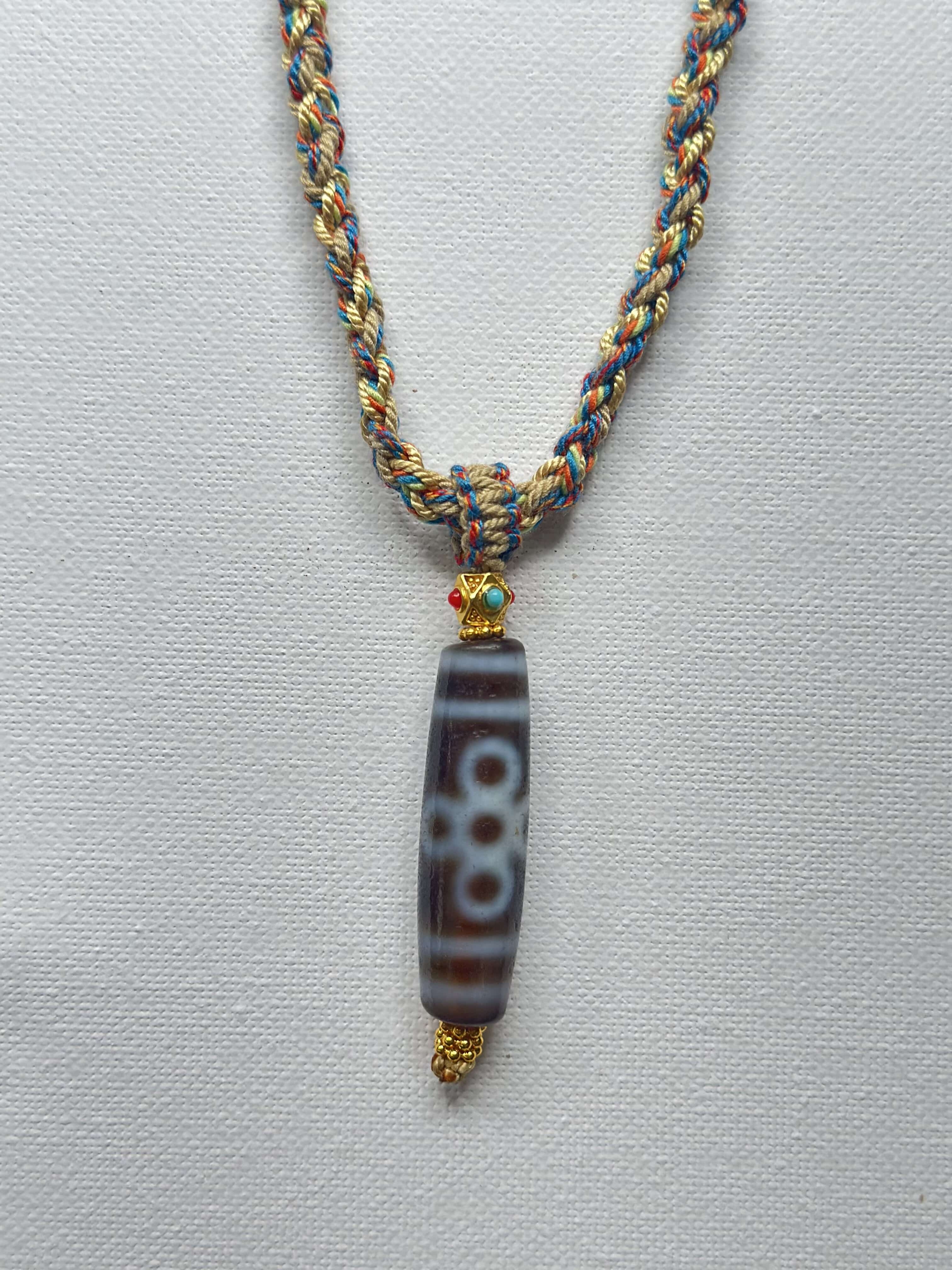 Heavily Handwoven necklace with Thunder flash Five-eyed DZI bead
