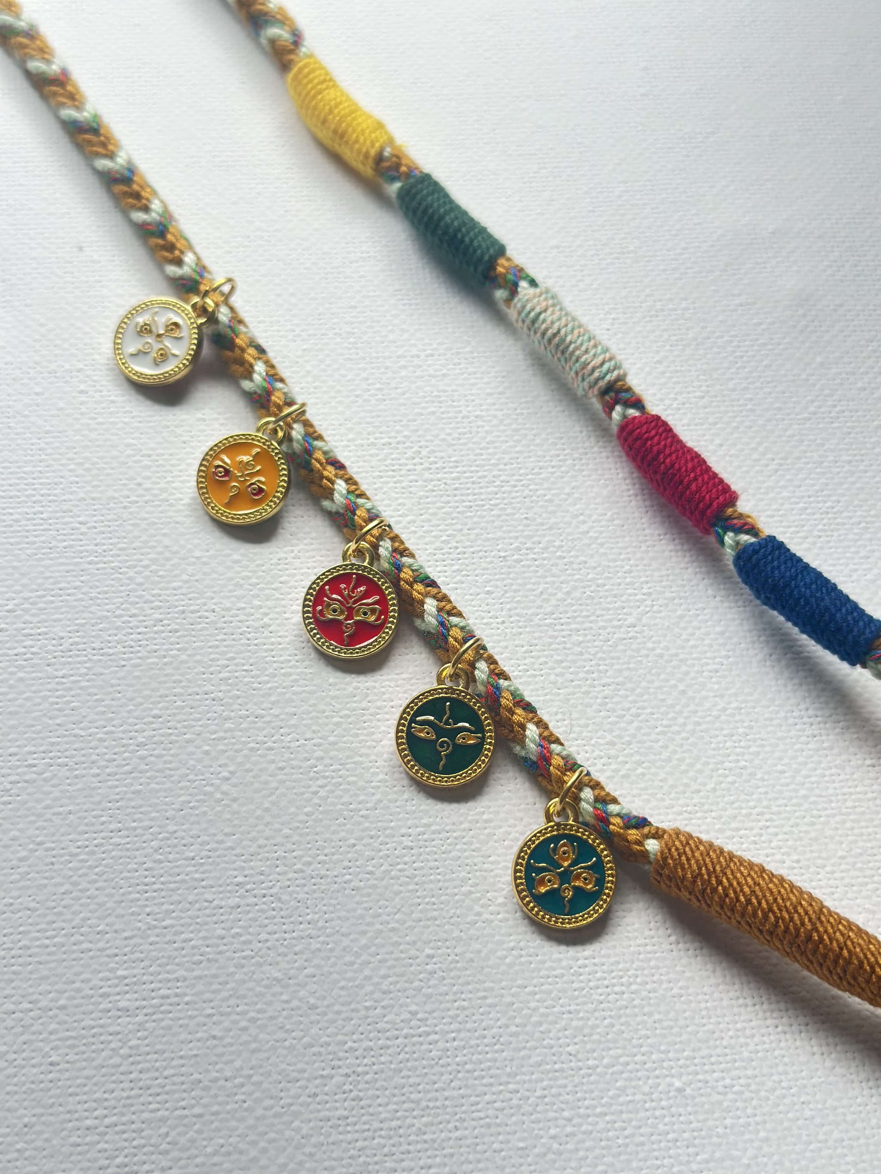 Heavily Handwoven Necklace with five metal lucky color plates and agate Nine-eyed DZI bead.