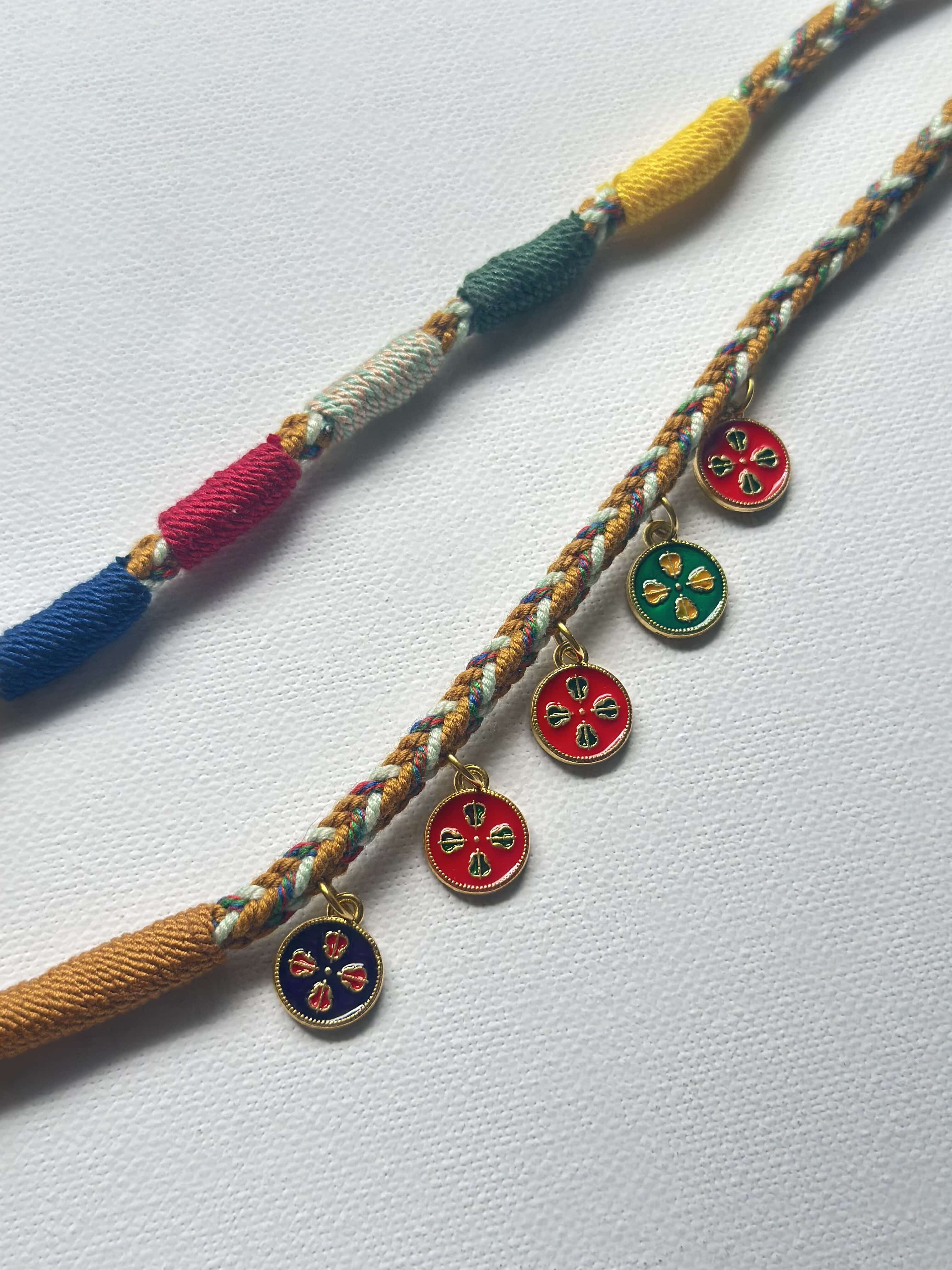 Heavily Handwoven Necklace with five metal lucky color plates and agate Nine-eyed DZI bead.
