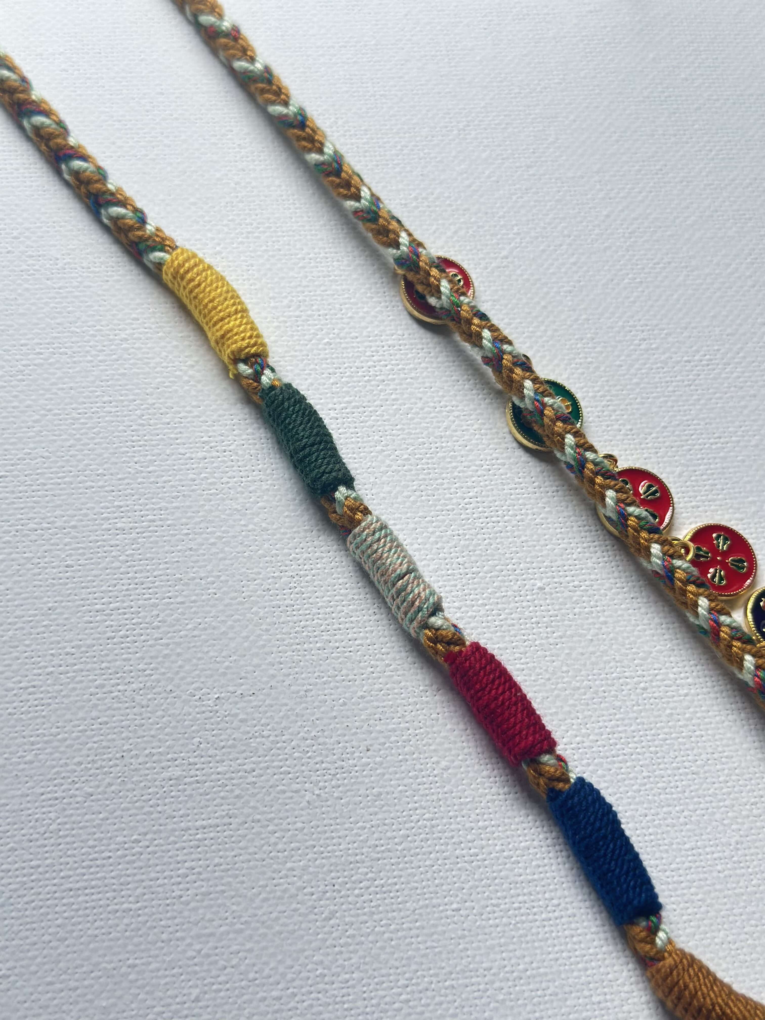 Heavily Handwoven Necklace with five metal lucky color plates and agate Nine-eyed DZI bead.