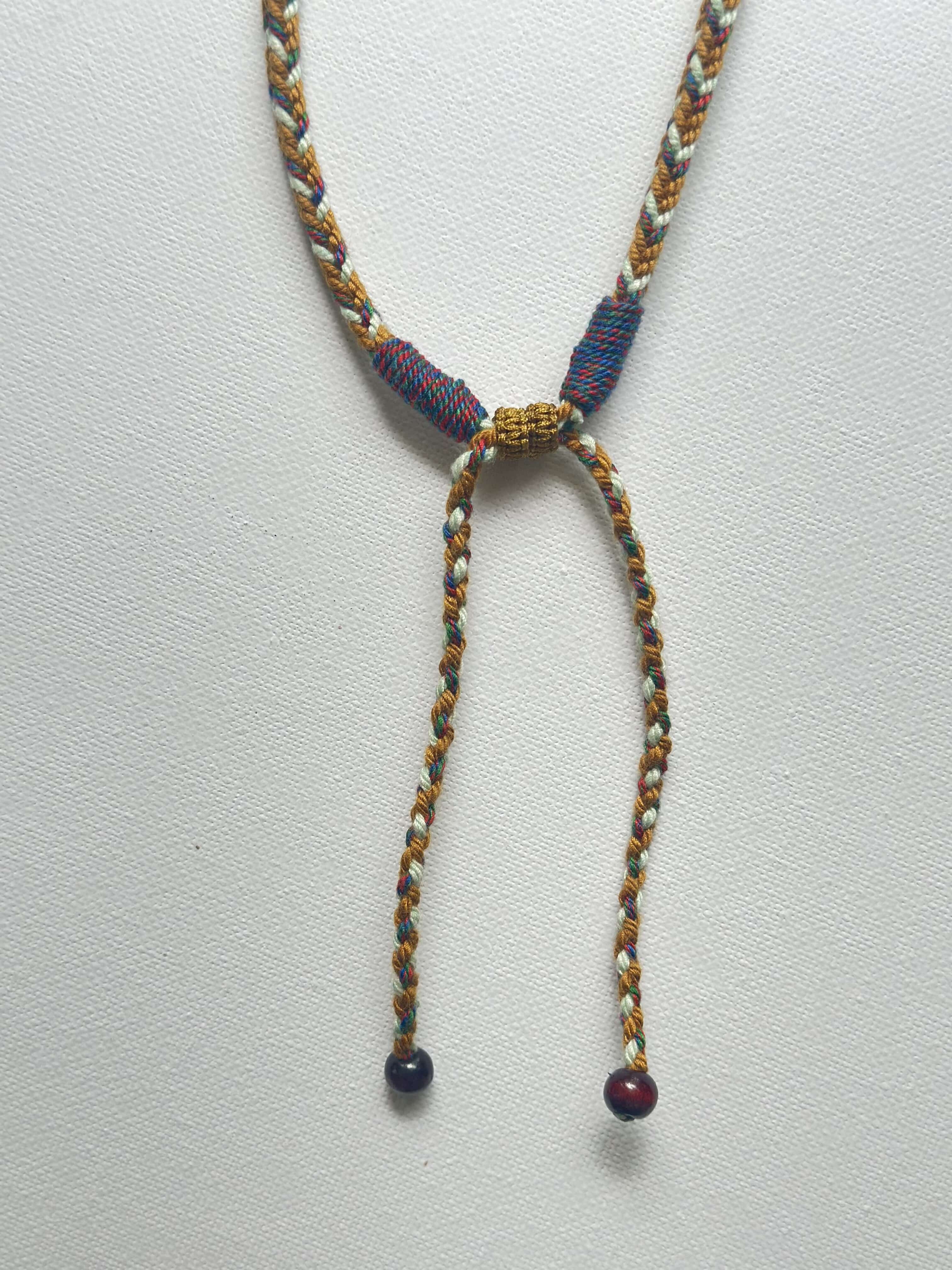 Heavily Handwoven Necklace with five metal lucky color plates and agate Nine-eyed DZI bead.