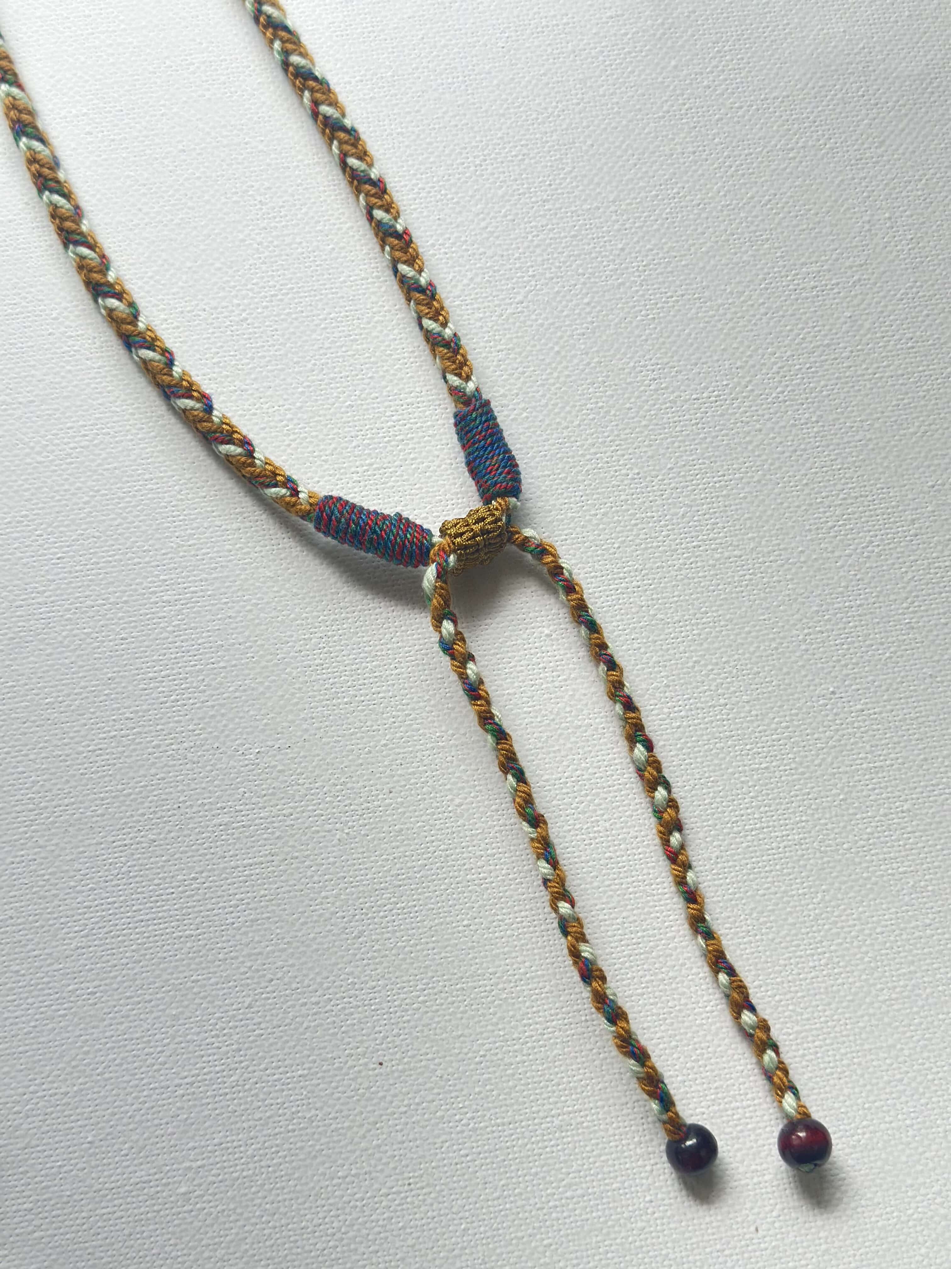 Heavily Handwoven Necklace with five metal lucky color plates and agate Nine-eyed DZI bead.