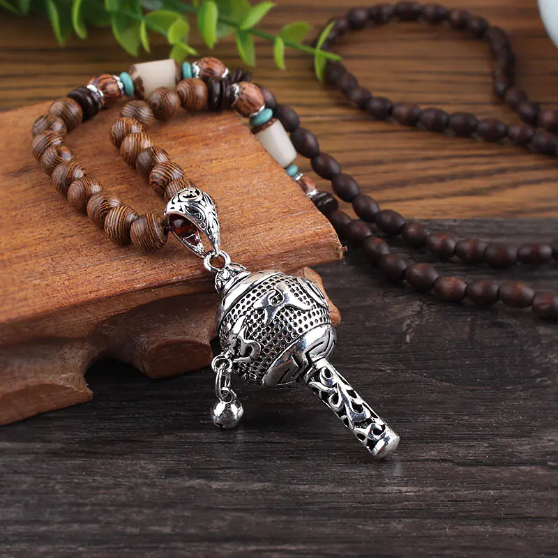 Tibetan Prayer Wheel Pendant Necklace with Wooden Beads