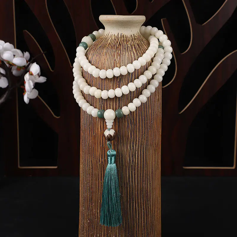 Natural White Bodhi Seed 108 Bead Bracelet with Tassel