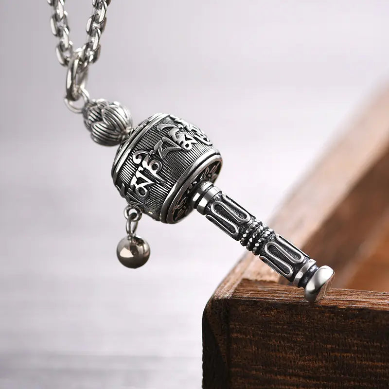 Tibetan Prayer Wheel Pendant Necklace with Wooden Beads