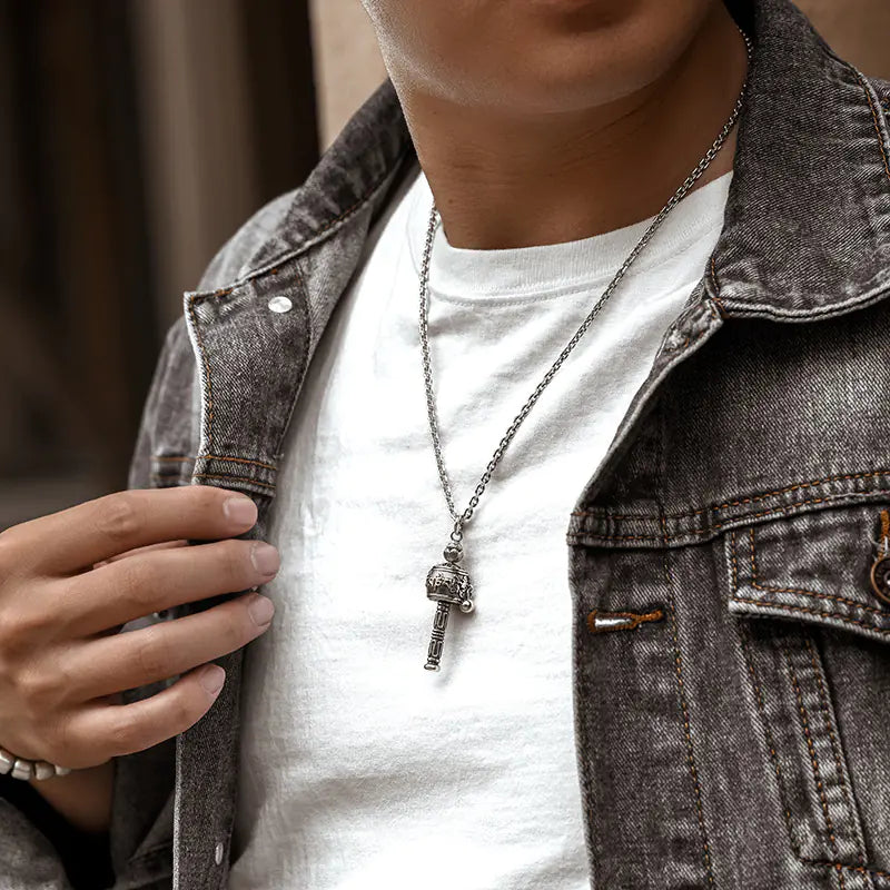Tibetan Prayer Wheel Pendant Necklace with Wooden Beads